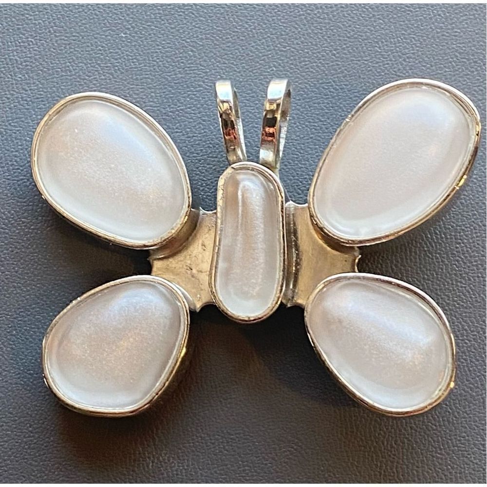 Rebecca Collins Butterfly Scarf Clip w Loop for Pendant milky white silver tone